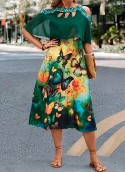 Green Cage Neck Butterfly Print A Line Dress -Modlily Shop 326098 P 16799855367233