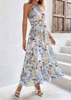 Light Blue Bowknot Floral Print Belted Strappy Dress 9 Light Blue Bowknot Floral Print Belted Strappy Dress -Modlily Shop 326102 P 16780773510482