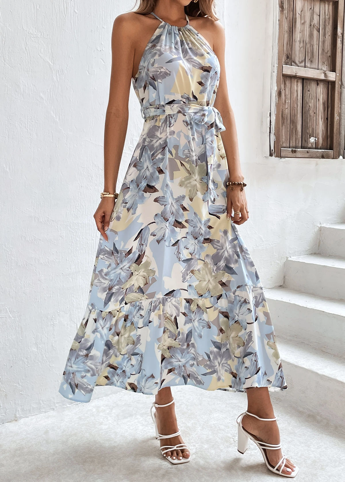 Light Blue Bowknot Floral Print Belted Strappy Dress 3 Light Blue Bowknot Floral Print Belted Strappy Dress