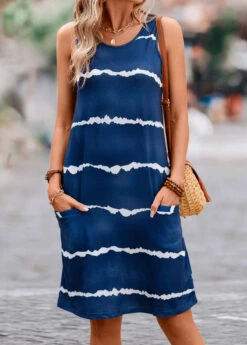 Dark Blue Pocket Striped H Shape Dress