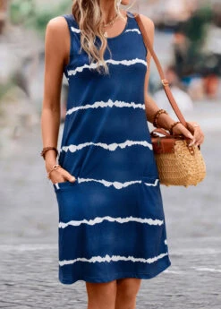 Dark Blue Pocket Striped H Shape Dress -Modlily Shop 326108 P 16795357894793