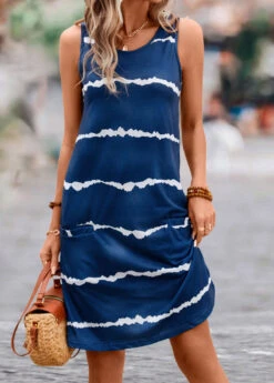 Dark Blue Pocket Striped H Shape Dress -Modlily Shop 326108 P 16795357897592