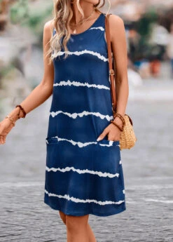 Dark Blue Pocket Striped H Shape Dress -Modlily Shop 326108 P 16795357898305