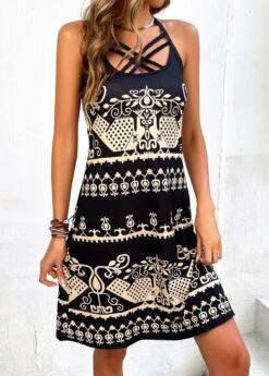 Black Criss Cross Tribal Print Dress -Modlily Shop 326114 P 16775791391962