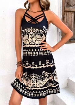 Black Criss Cross Tribal Print Dress