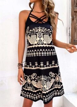 Black Criss Cross Tribal Print Dress -Modlily Shop 326114 P 16775791398063