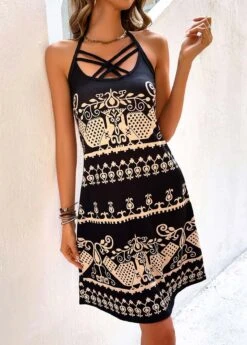 Black Criss Cross Tribal Print Dress -Modlily Shop 326114 P 16775791400714