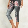 Black Floral Print Mid Waisted Capri Leggings