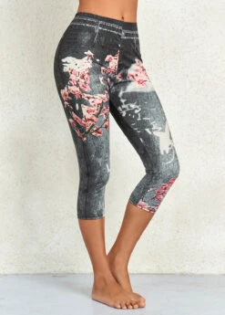 Black Floral Print Mid Waisted Capri Leggings -Modlily Shop 326234 P 16967530164522