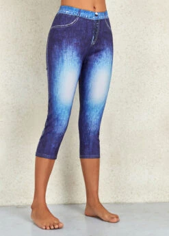 Denim Blue Flag Print Mid Waisted Capri Leggings -Modlily Shop 326235 P 16967529335742
