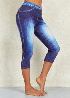 Denim Blue Flag Print Mid Waisted Capri Leggings