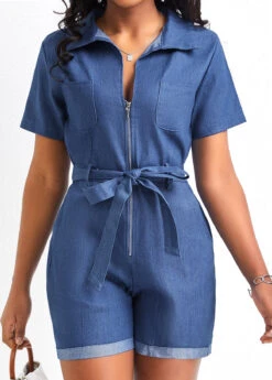 Denim Blue Pocket Short Belted Romper -Modlily Shop 326341 P 16776669681813