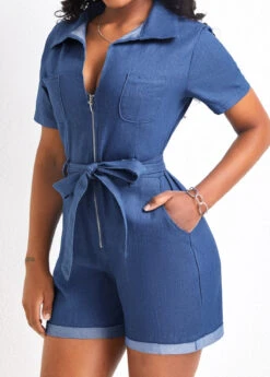 Denim Blue Pocket Short Belted Romper