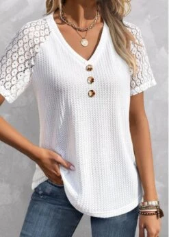 White Patchwork Short Sleeve V Neck T Shirt -Modlily Shop 326401 P 16801515723482