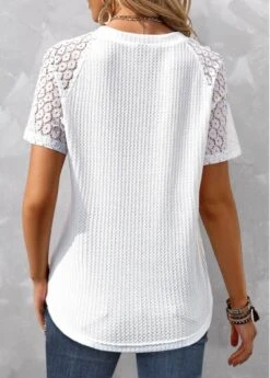 White Patchwork Short Sleeve V Neck T Shirt -Modlily Shop 326401 P 16801515724051