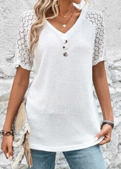 White Patchwork Short Sleeve V Neck T Shirt -Modlily Shop 326401 P 16801515724106