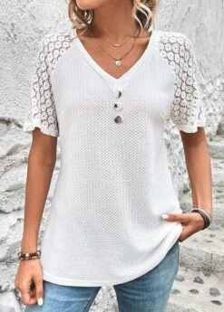 White Patchwork Short Sleeve V Neck T Shirt -Modlily Shop 326401 P 16801515725233
