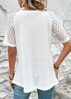 White Patchwork Short Sleeve V Neck T Shirt -Modlily Shop 326401 P 16801515725524