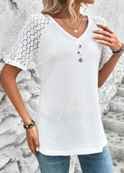 White Patchwork Short Sleeve V Neck T Shirt -Modlily Shop 326401 P 16801515727125