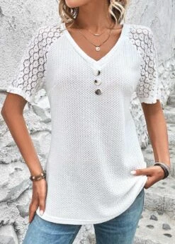 White Patchwork Short Sleeve V Neck T Shirt -Modlily Shop 326401 P 16801515727987