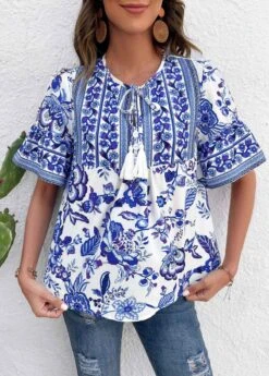 Royal Blue Button Floral Print T Shirt -Modlily Shop 326430 P 16784257363583