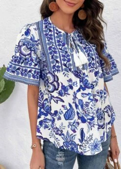 Royal Blue Button Floral Print T Shirt -Modlily Shop 326430 P 16784257367602