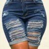 Denim Blue Hole Skinny Zipper Fly Shorts -Modlily Shop 326467 P 16789354776410