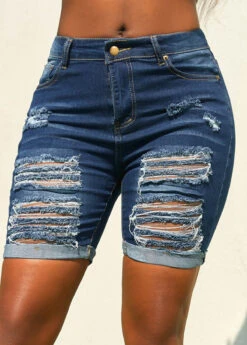 Denim Blue Hole Skinny Zipper Fly Shorts -Modlily Shop 326467 P 16789354777884