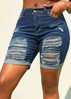 Denim Blue Hole Skinny Zipper Fly Shorts -Modlily Shop 326467 P 16789354778492