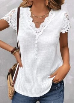 White Lace Short Sleeve V Neck T Shirt