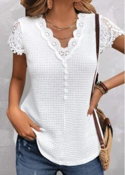 White Lace Short Sleeve V Neck T Shirt -Modlily Shop 326511 P 16801515707422