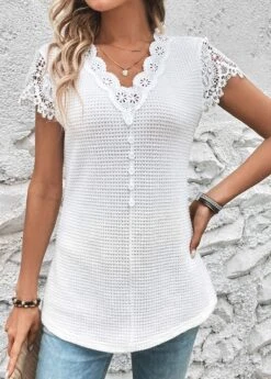 White Lace Short Sleeve V Neck T Shirt -Modlily Shop 326511 P 16801515711546