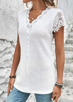 White Lace Short Sleeve V Neck T Shirt -Modlily Shop 326511 P 16801515717115