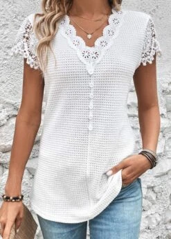 White Lace Short Sleeve V Neck T Shirt -Modlily Shop 326511 P 16801515717747