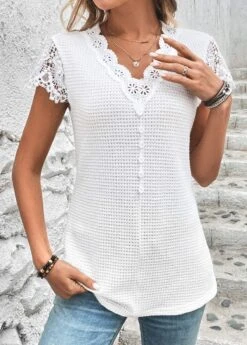 White Lace Short Sleeve V Neck T Shirt -Modlily Shop 326511 P 16801515719303