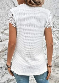 White Lace Short Sleeve V Neck T Shirt -Modlily Shop 326511 P 16801515719784