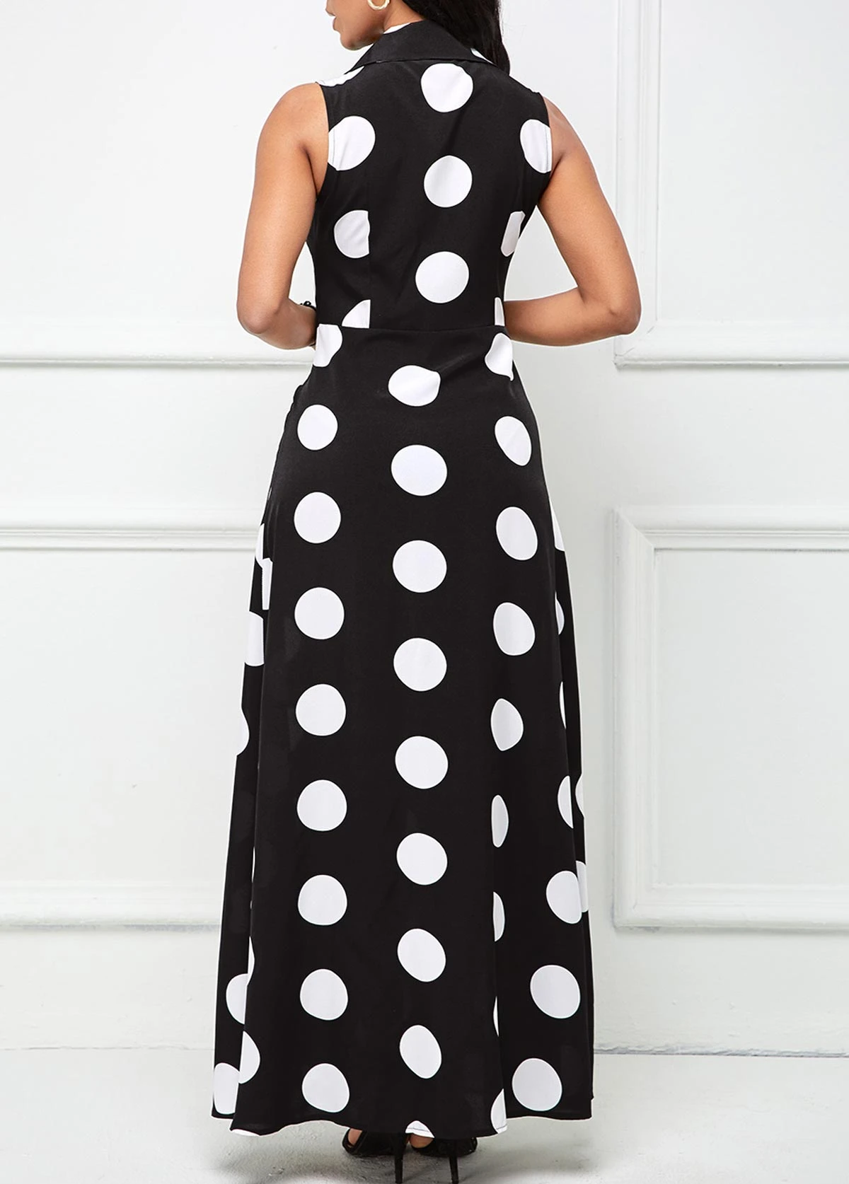 Black Button Polka Dot Sleeveless Lapel Maxi Dress 4 Black Button Polka Dot Sleeveless Lapel Maxi Dress - Image 2