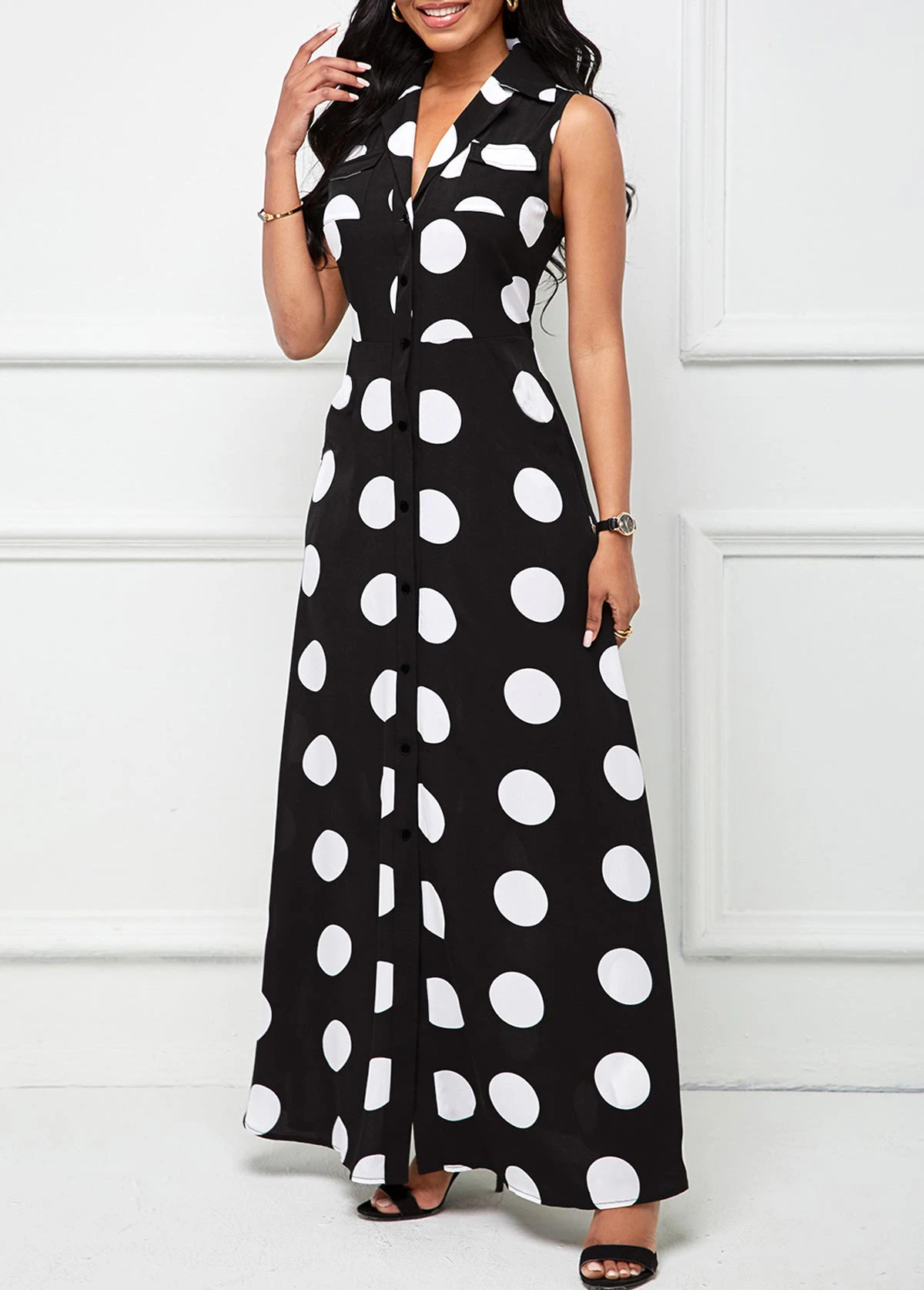 Black Button Polka Dot Sleeveless Lapel Maxi Dress 6 Black Button Polka Dot Sleeveless Lapel Maxi Dress - Image 4