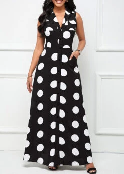 Black Button Polka Dot Sleeveless Lapel Maxi Dress 8 Black Button Polka Dot Sleeveless Lapel Maxi Dress -Modlily Shop 326540 P 1681799229847