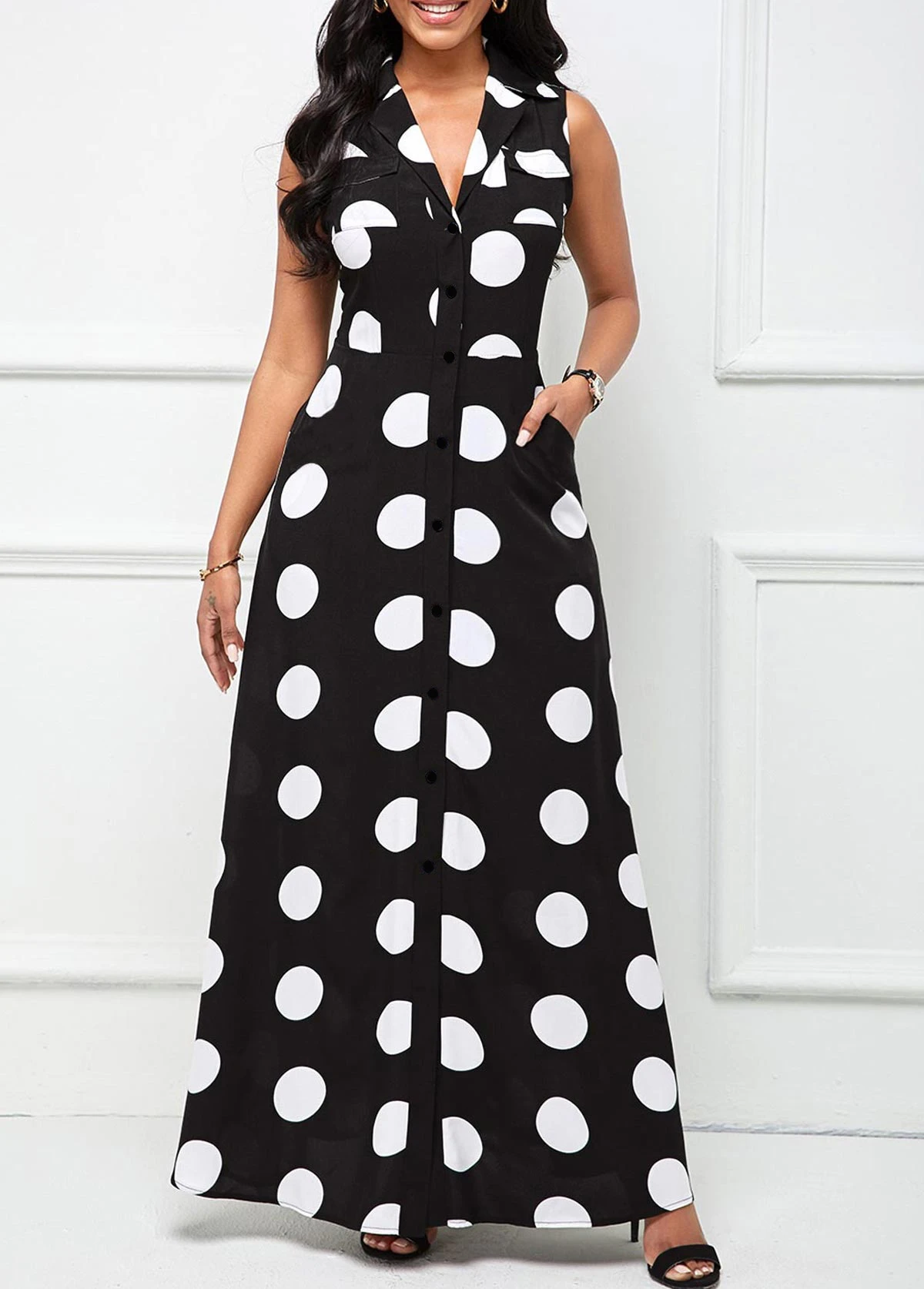 Black Button Polka Dot Sleeveless Lapel Maxi Dress 5 Black Button Polka Dot Sleeveless Lapel Maxi Dress - Image 3