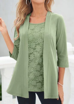 Sage Green Lace Faux Two Piece T Shirt