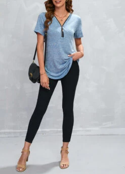 Dusty Blue Zipper Short Sleeve T Shirt -Modlily Shop 326566 P 16784265422945