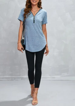 Dusty Blue Zipper Short Sleeve T Shirt -Modlily Shop 326566 P 16784265425484