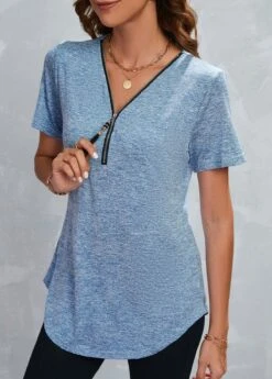 Dusty Blue Zipper Short Sleeve T Shirt