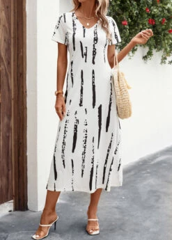 White Split Striped A Line Short Sleeve Dress 12 White Split Striped A Line Short Sleeve Dress -Modlily Shop 326569 P 16792880130964