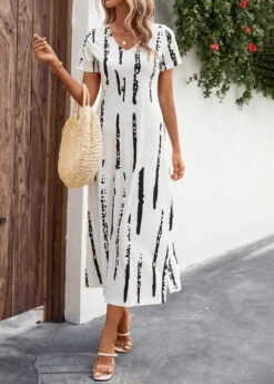White Split Striped A Line Short Sleeve Dress