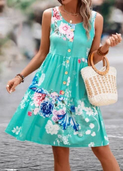 Mint Green Button Floral Print Short Sleeveless Dress -Modlily Shop 326573 P 16793916643234