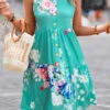 Mint Green Button Floral Print Short Sleeveless Dress -Modlily Shop 326573 P 16793916644280