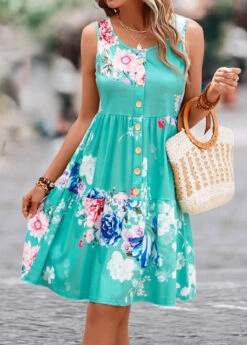 Mint Green Button Floral Print Short Sleeveless Dress -Modlily Shop 326573 P 16793916646142