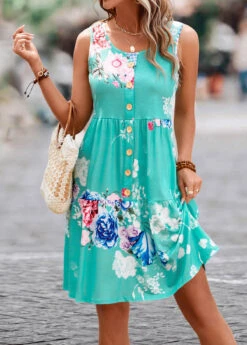 Mint Green Button Floral Print Short Sleeveless Dress -Modlily Shop 326573 P 16793916647483